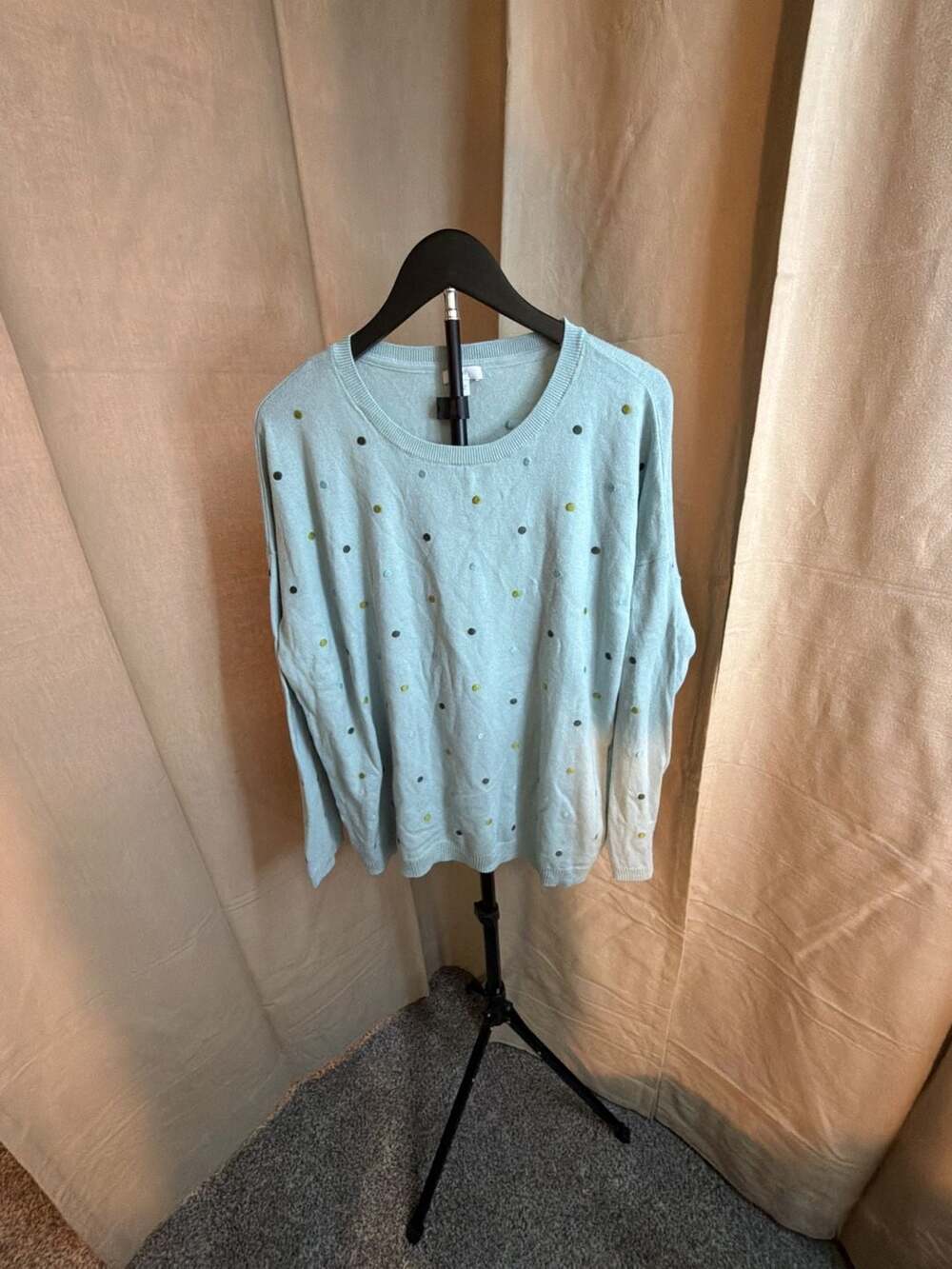 J.Jill Women's Light Blue Pullover Sweater w/Multicolored Polka Dot Embroidery